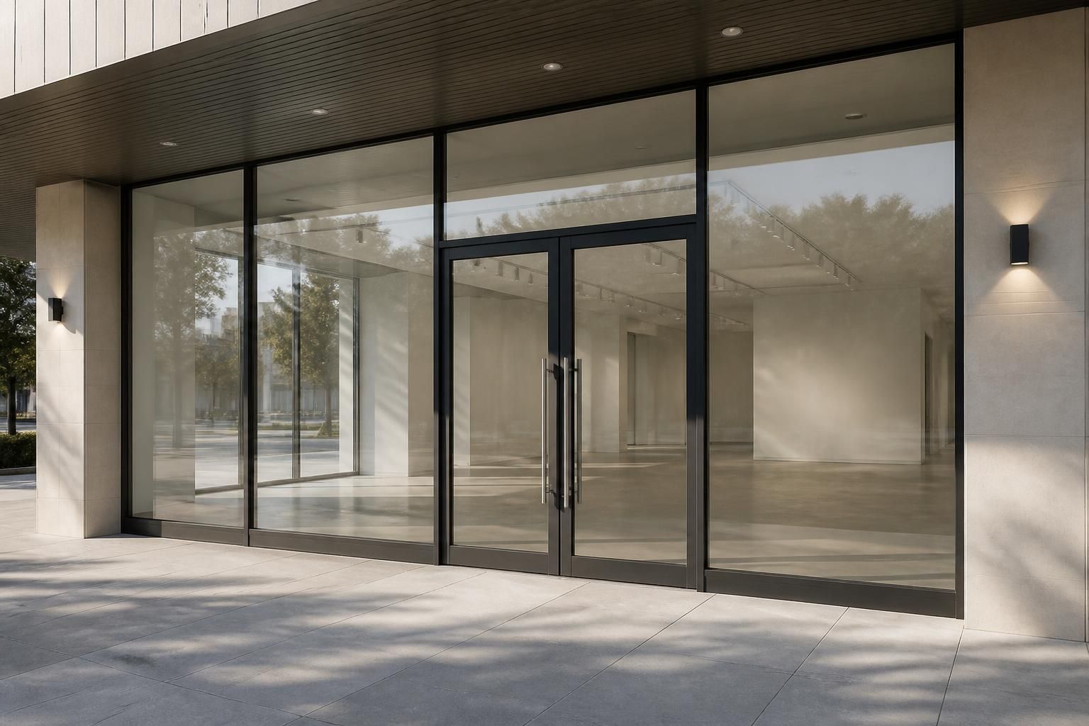 Clean commercial storefront glass with open space for text.