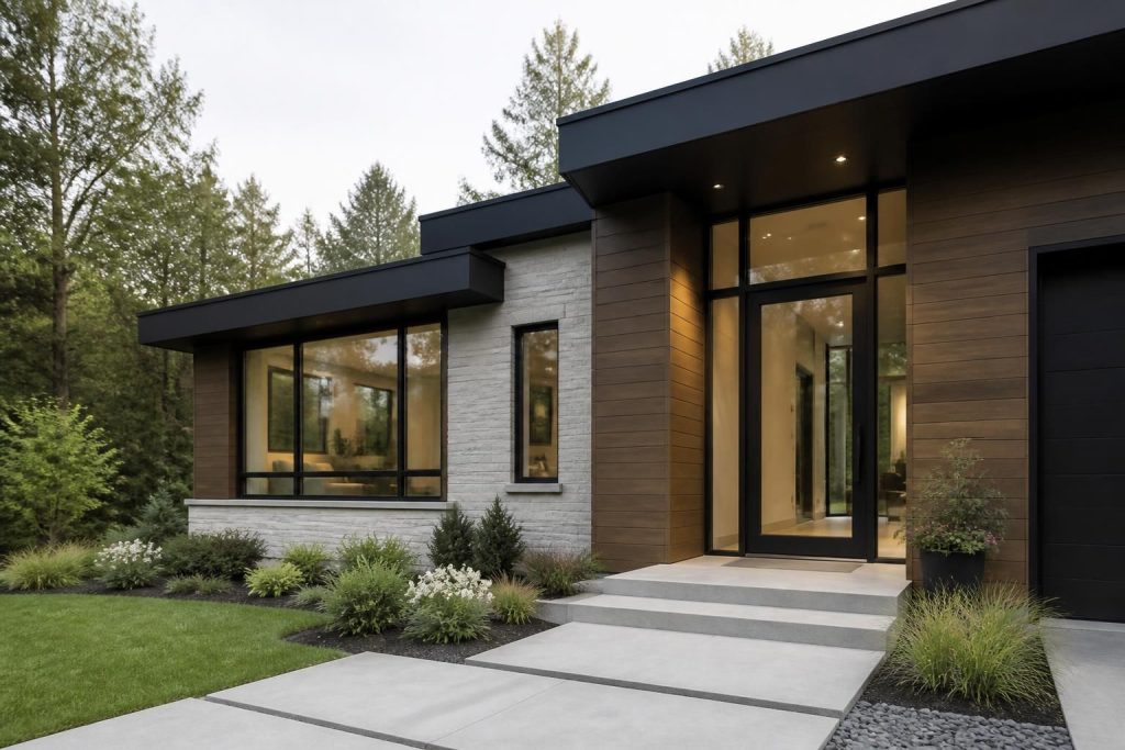 Modern home exterior with large installed windows and glass entry detail.