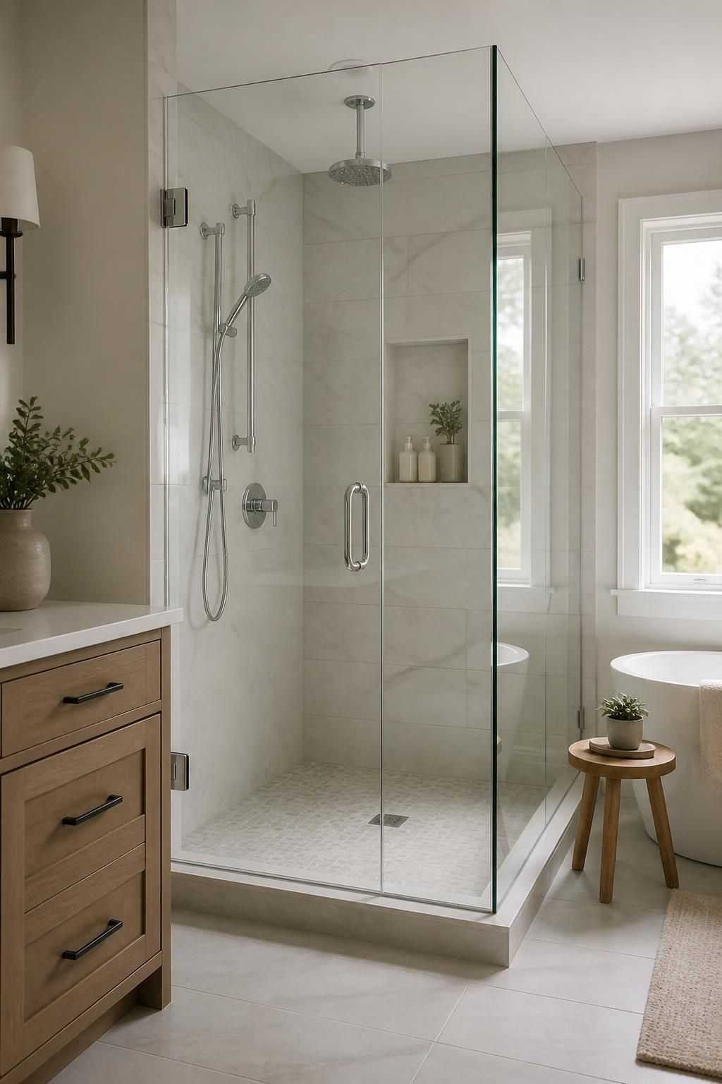 Modern bathroom with a freshly installed glass shower enclosure.