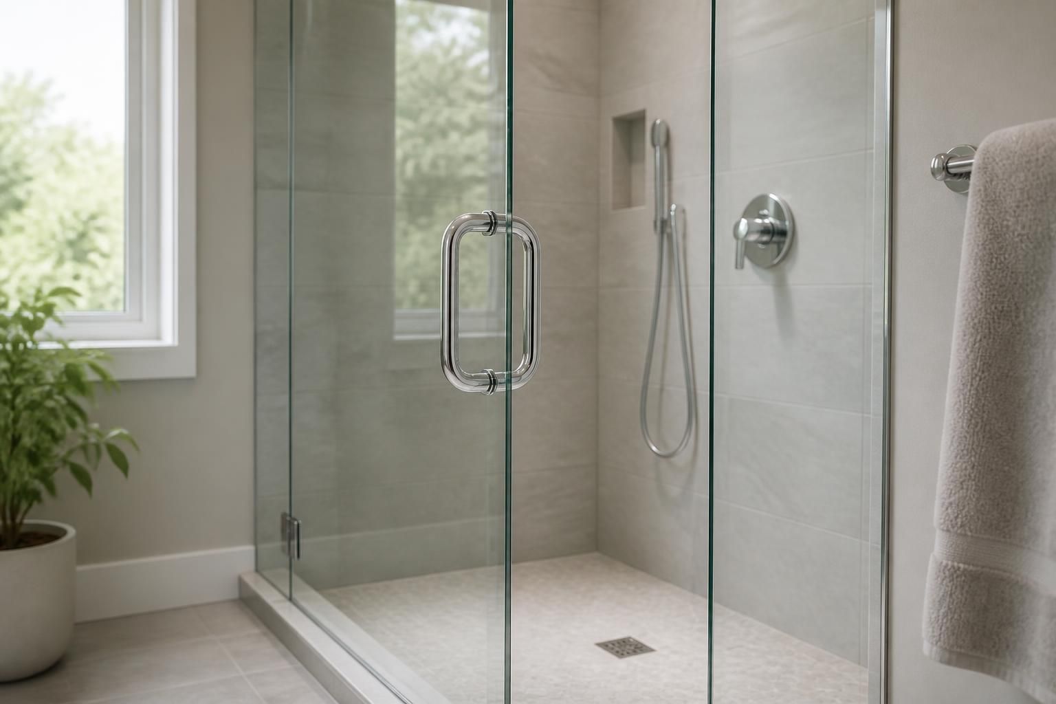 Finished glass shower door installation in a modern bathroom.
